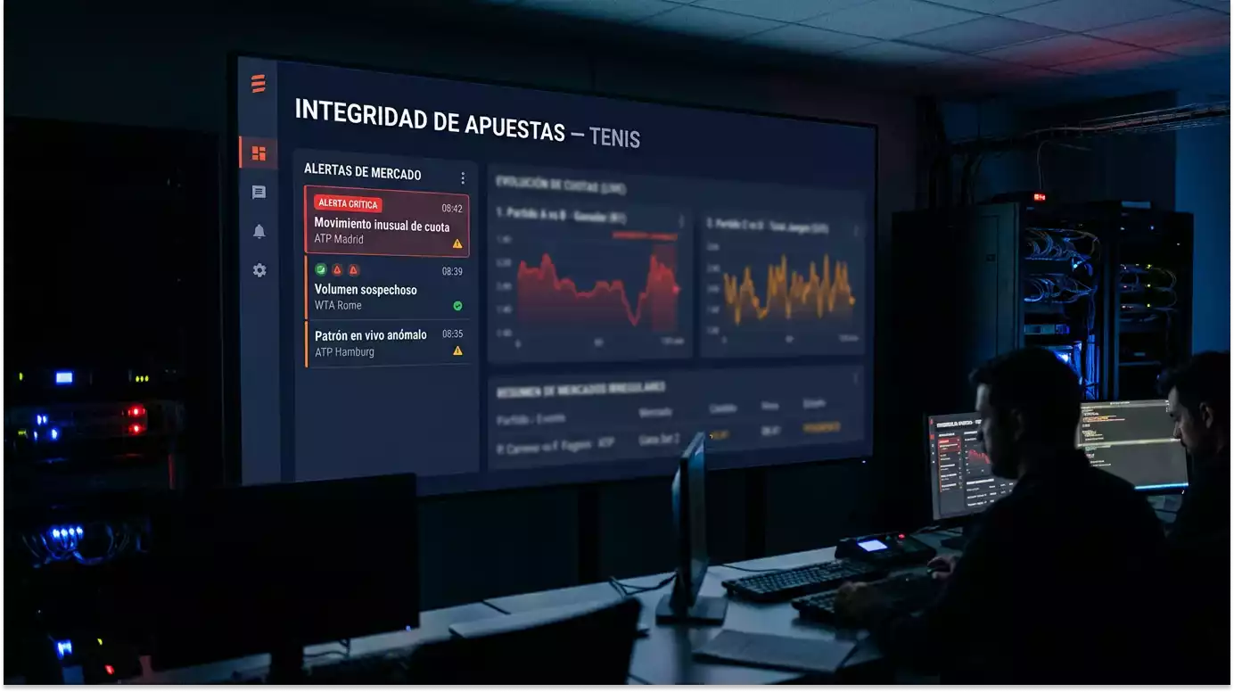 Monitor de control mostrando alertas de movimientos anómalos en cuotas de apuestas de tenis