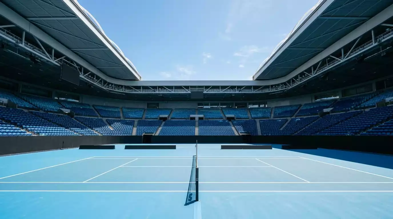 Pista central de Melbourne Park durante el Australian Open con techo abierto bajo cielo azul