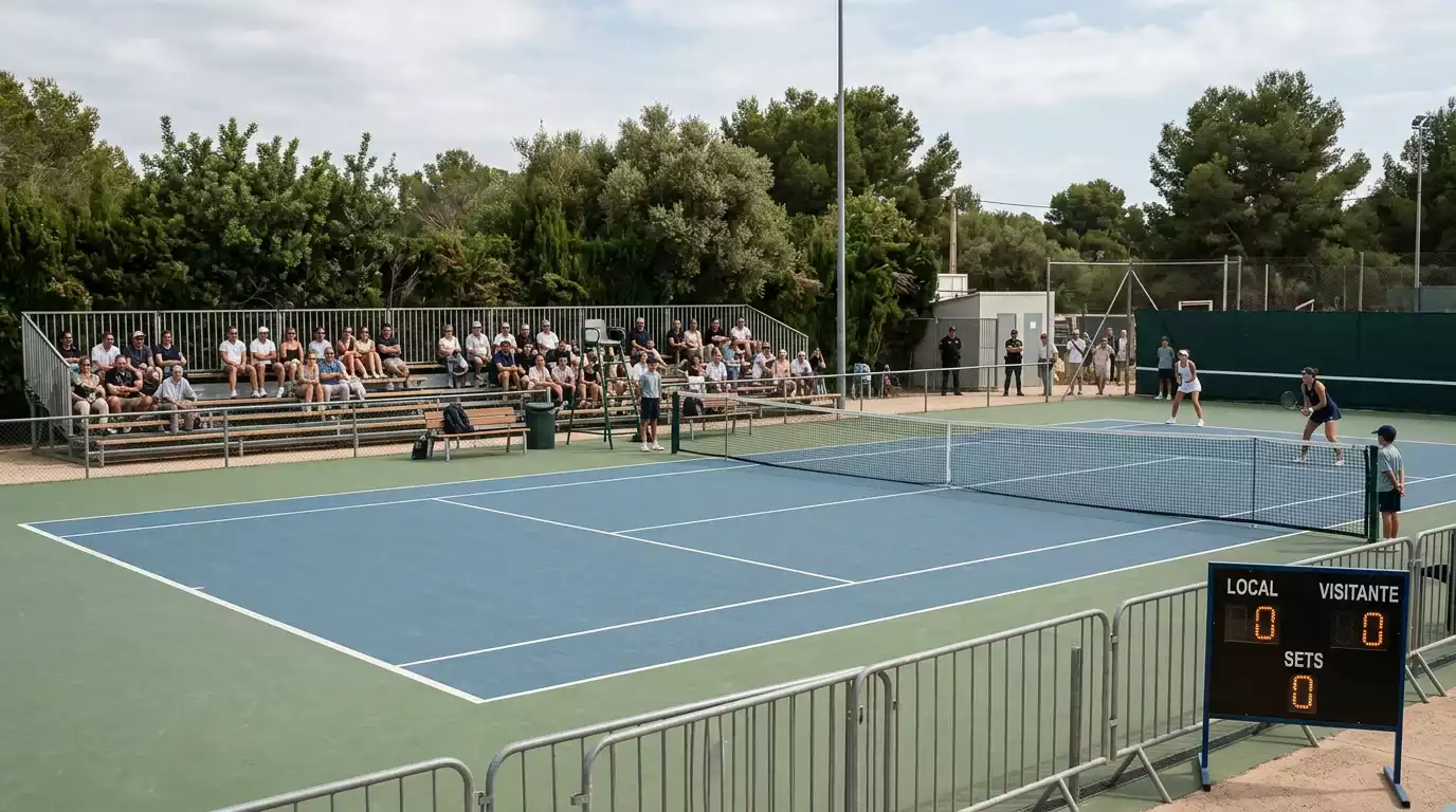 Pista de tenis de un torneo Challenger con gradas pequeñas y pocos espectadores