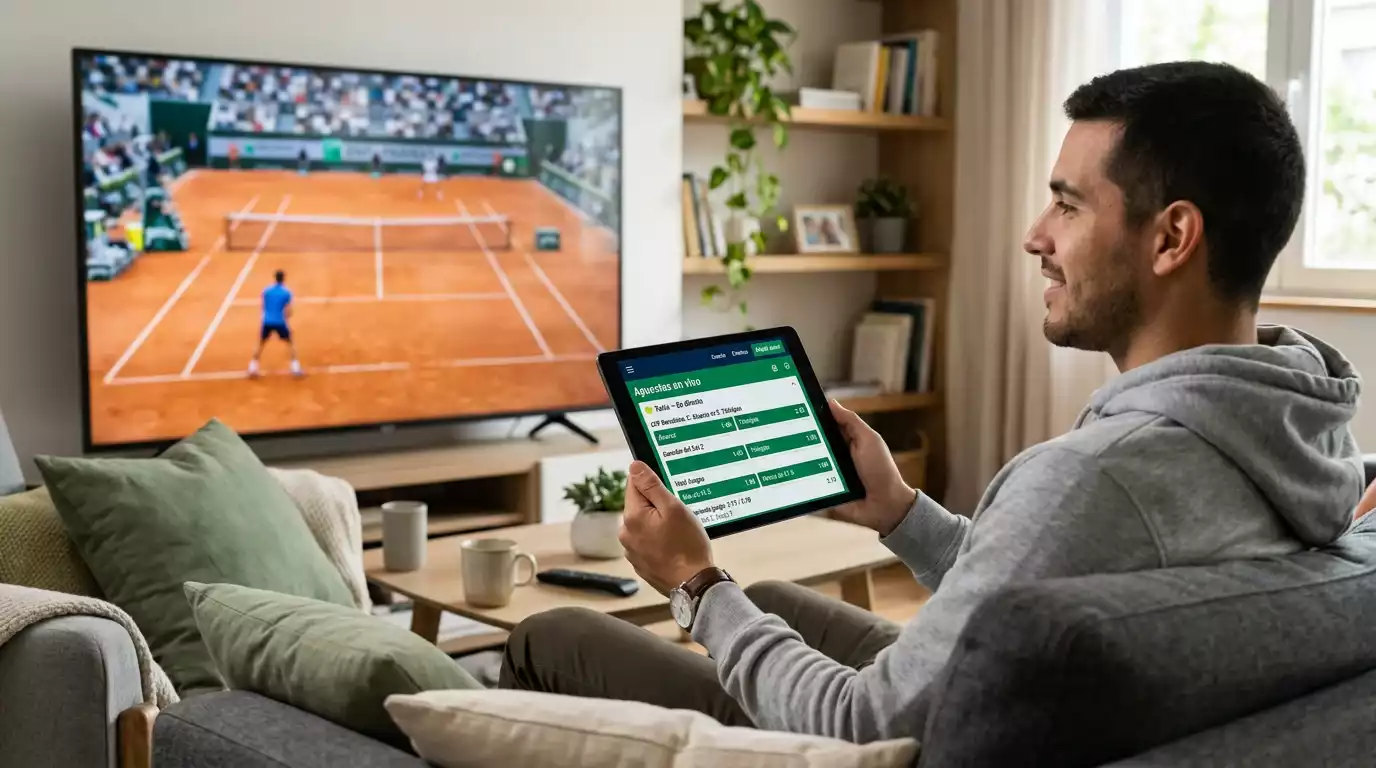 Aficionado siguiendo un partido de tenis en directo desde una tablet con cuotas en pantalla