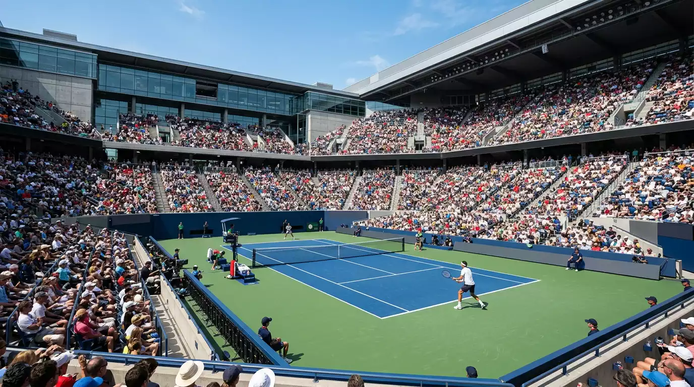 Pista central de un torneo Masters 1000 con gradas y logotipos del ATP Tour