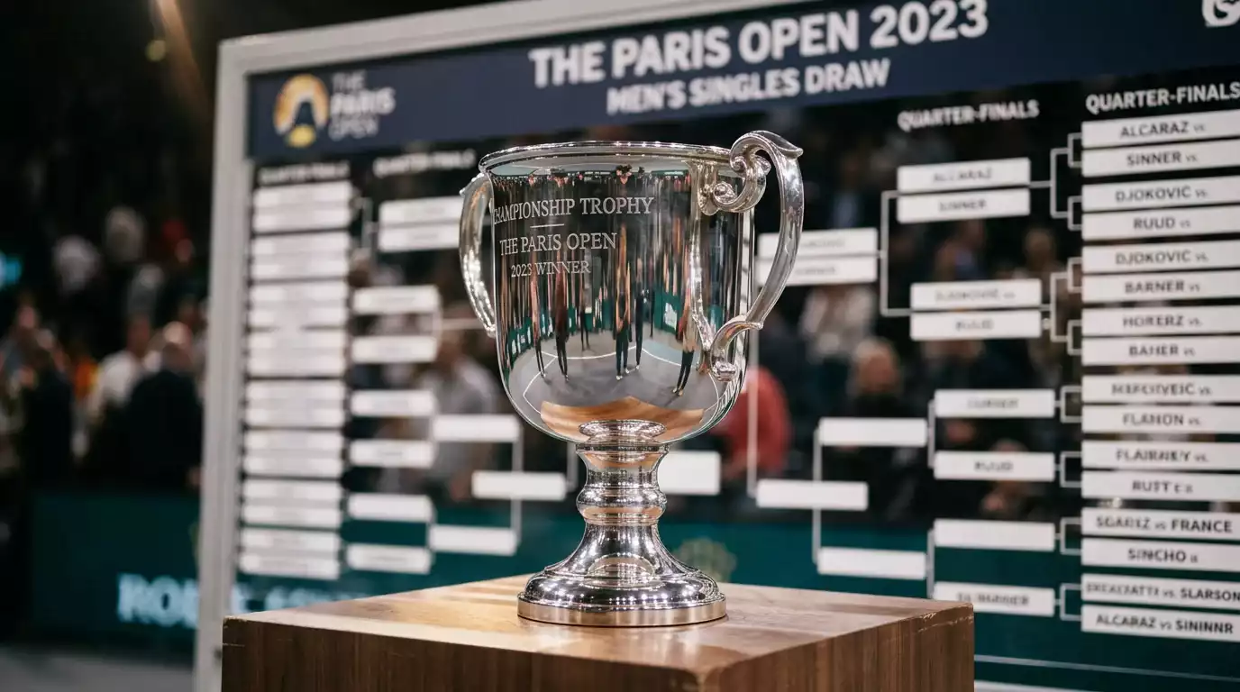 Trofeo de un torneo de tenis con cuadro de llaves del torneo de fondo