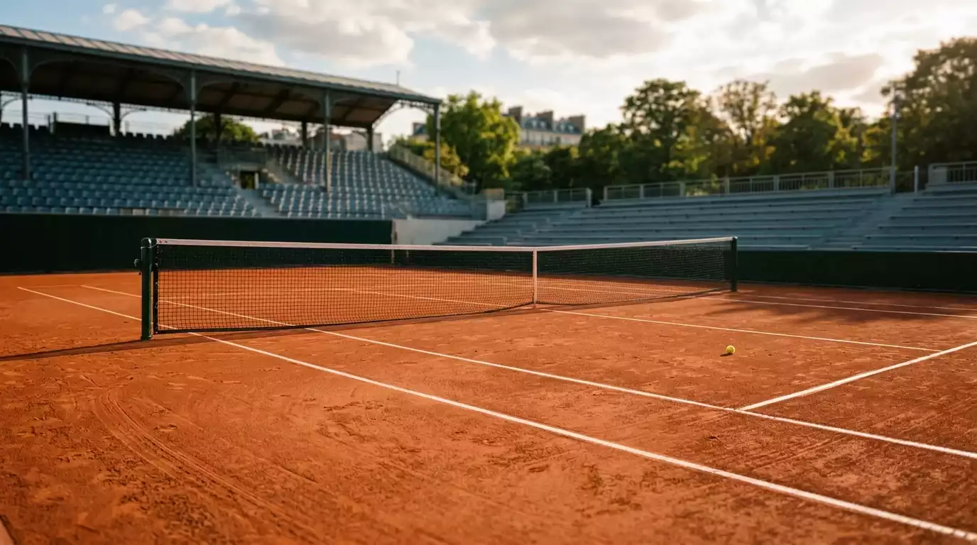 Pista de tierra batida de Roland Garros con líneas marcadas y red en primer plano