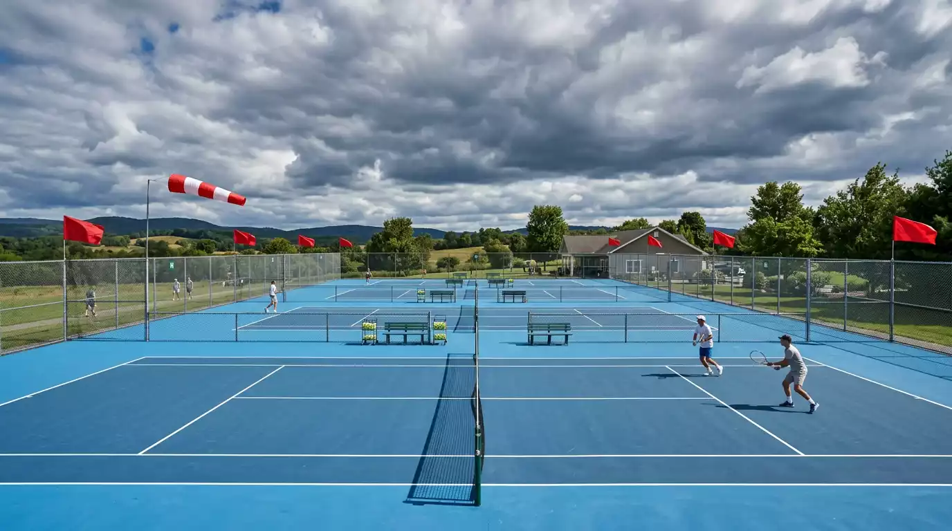 Pista de tenis al aire libre con banderas de viento ondeando fuerte y nubes en el cielo