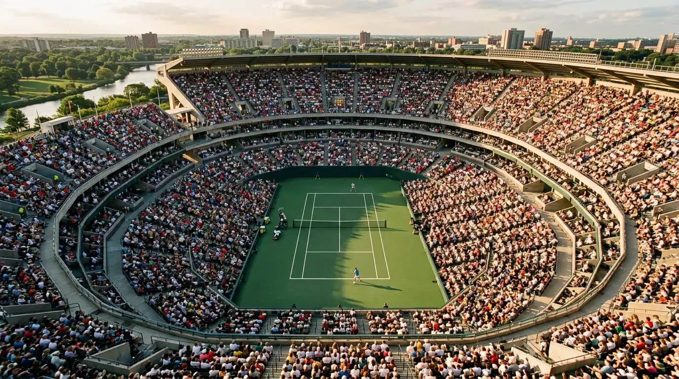 Vista aérea de un estadio de Grand Slam con pistas y gradas llenas de espectadores