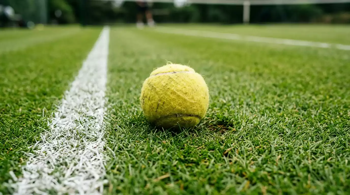 Pista de tenis de hierba natural con líneas blancas y pelota de tenis en el suelo