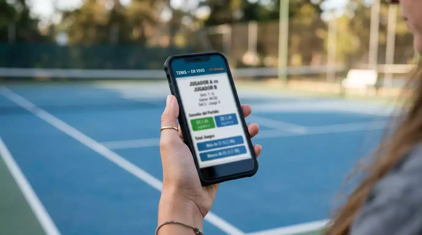 Teléfono móvil mostrando una app de apuestas de tenis con mercados en vivo