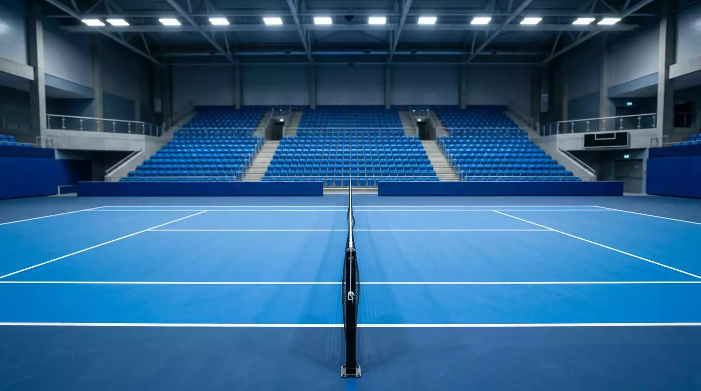 Pista de tenis de superficie dura azul con líneas blancas bajo iluminación artificial
