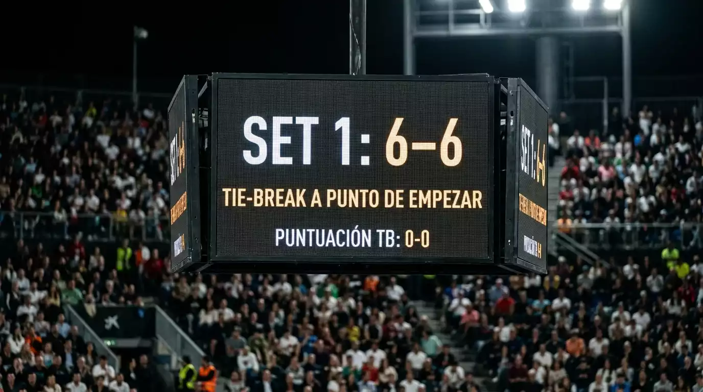 Marcador de tenis mostrando un empate 6-6 en el primer set antes de un tie-break