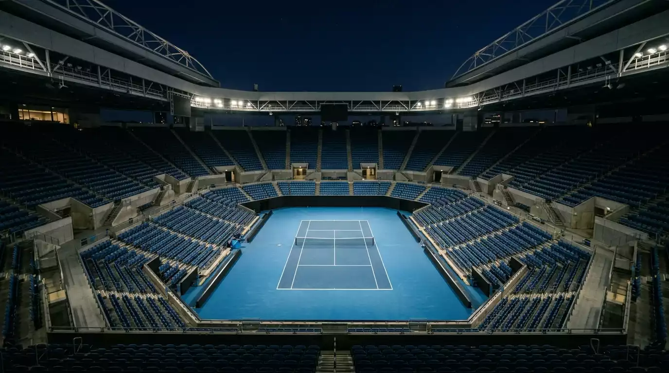 Vista de la pista central Arthur Ashe del US Open iluminada durante una sesión nocturna