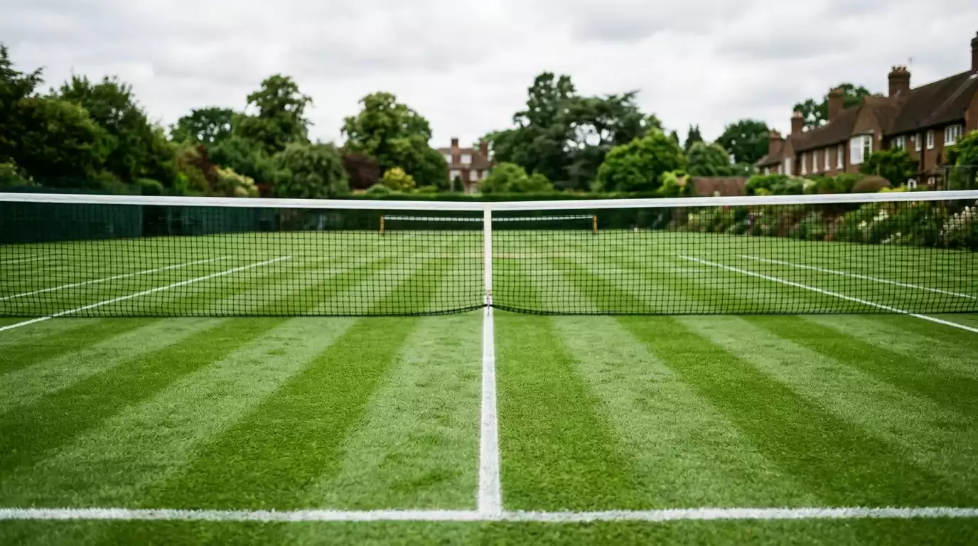 Pista de hierba de Wimbledon con red y líneas blancas en primer plano
