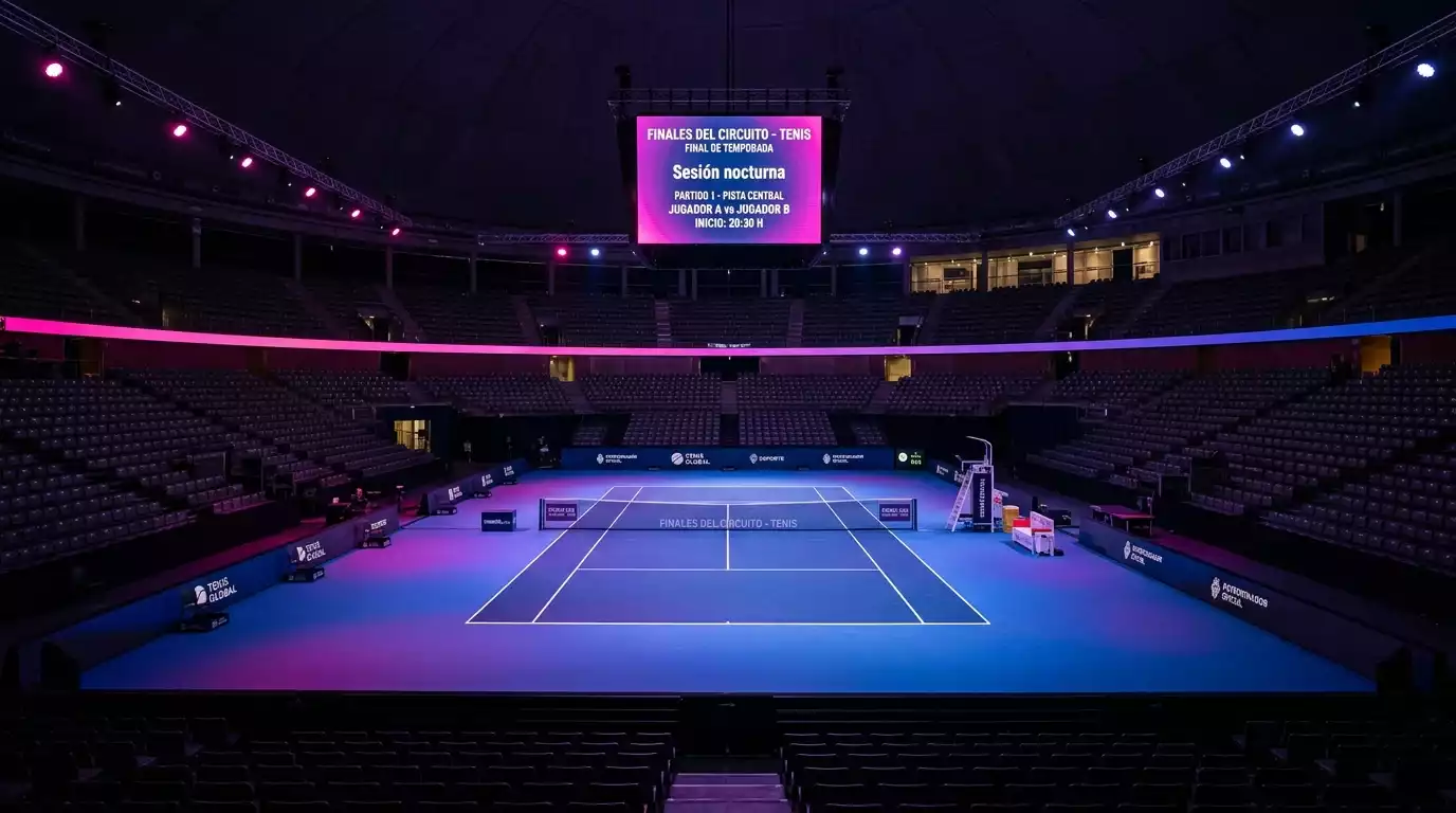 Pista de las WTA Finals con iluminación espectacular y logotipos del torneo