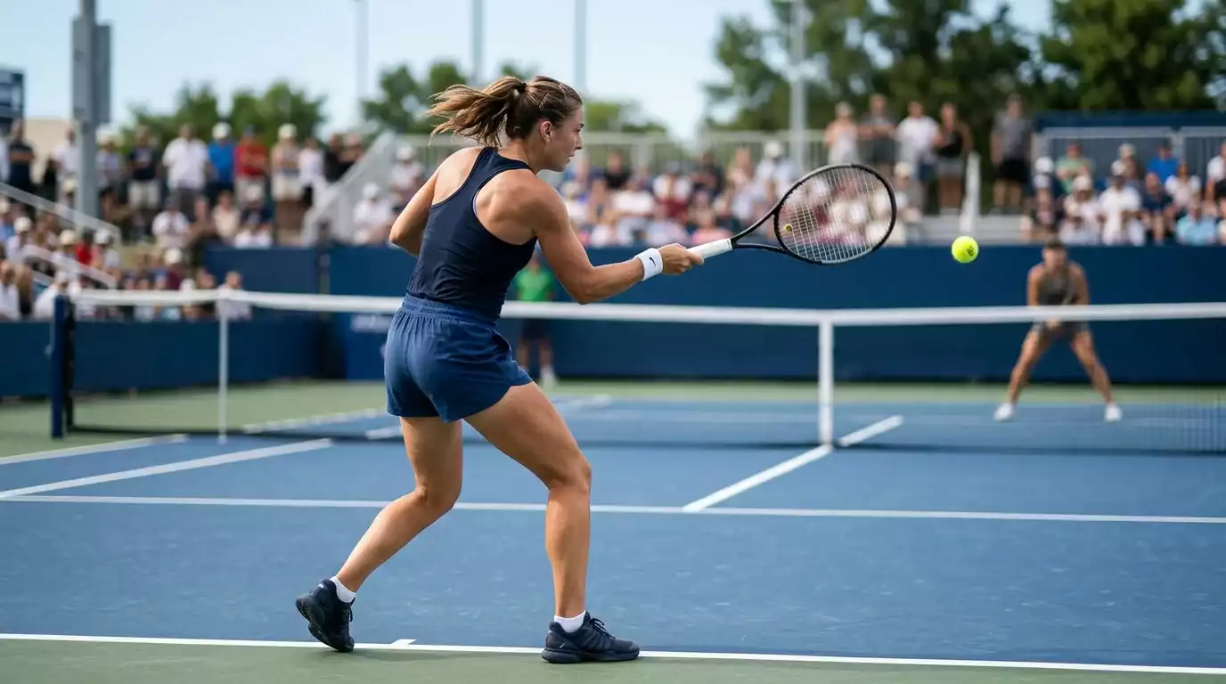 Partido de tenis femenino WTA con jugadora ejecutando un golpe de fondo de pista