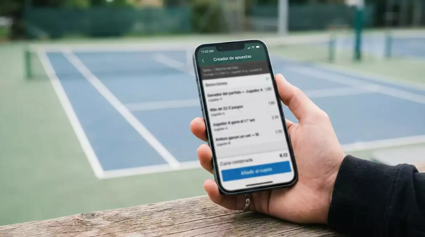 Pantalla de móvil con interfaz de bet builder mostrando selecciones de mercados de un partido de tenis