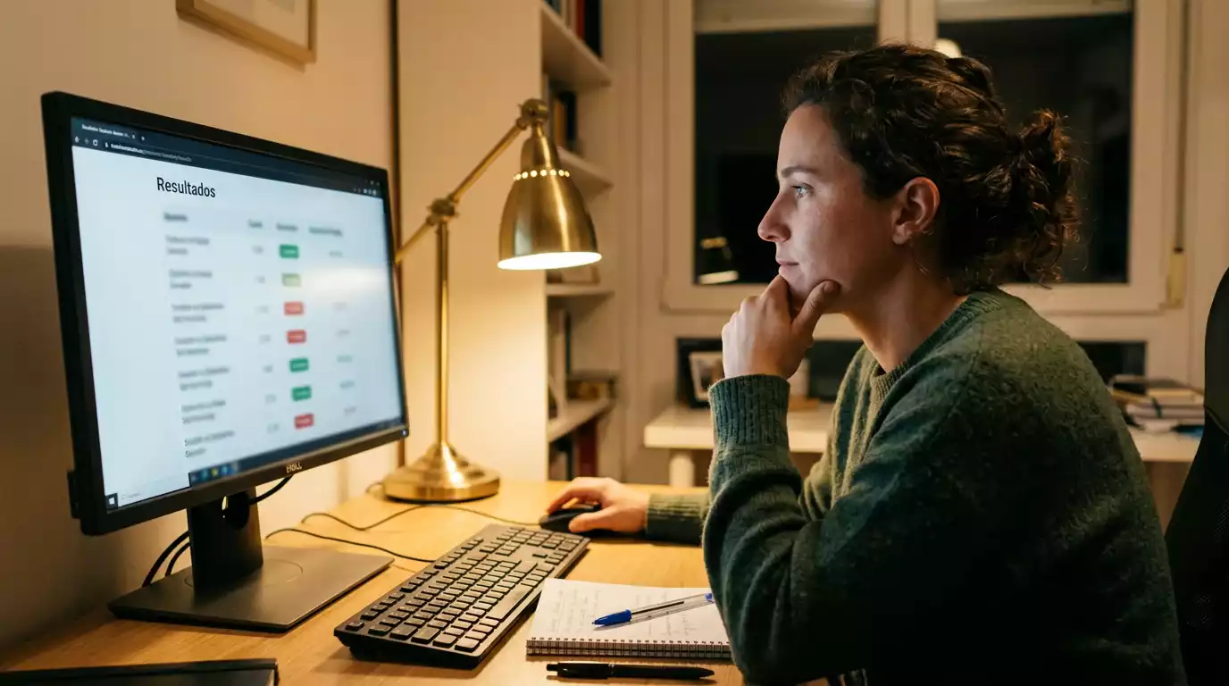 Apostador revisando resultados de apuestas de tenis en pantalla con expresión pensativa