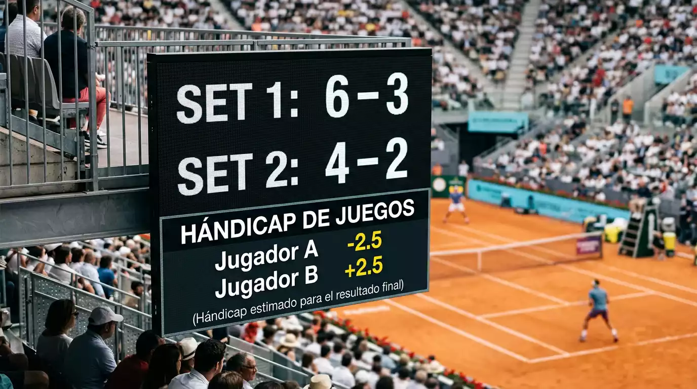 Marcador electrónico de un partido de tenis con líneas de hándicap de juegos sobreimpresas