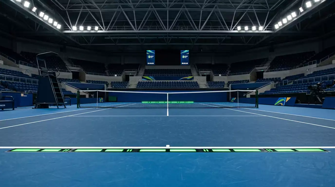 Sistema Hawk-Eye en una pista de tenis profesional con líneas electrónicas durante un torneo ATP