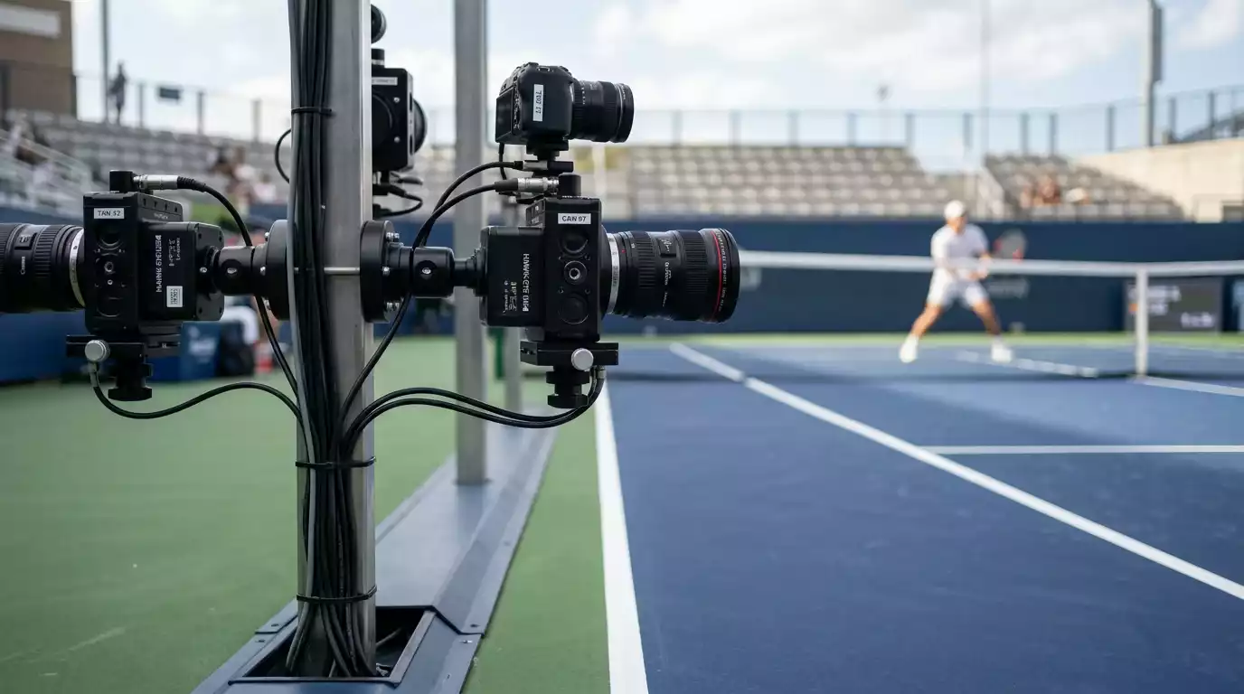 Sistema Hawk-Eye Live con cámaras de seguimiento en una pista de tenis profesional