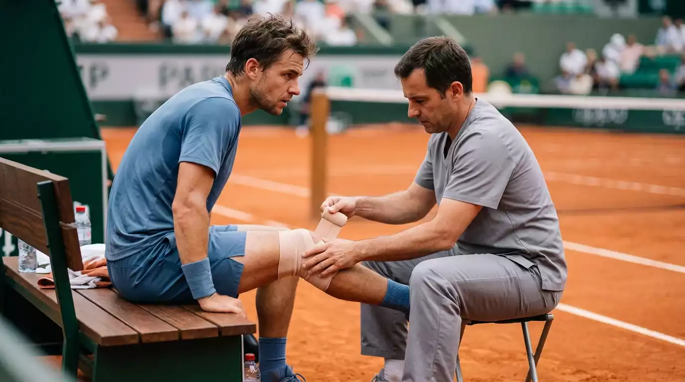 Jugador de tenis recibiendo atención médica en la pista durante un partido profesional