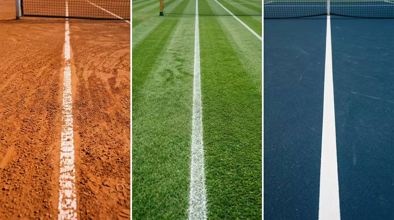 Tres pistas de tenis profesional mostrando tierra batida, hierba y pista dura