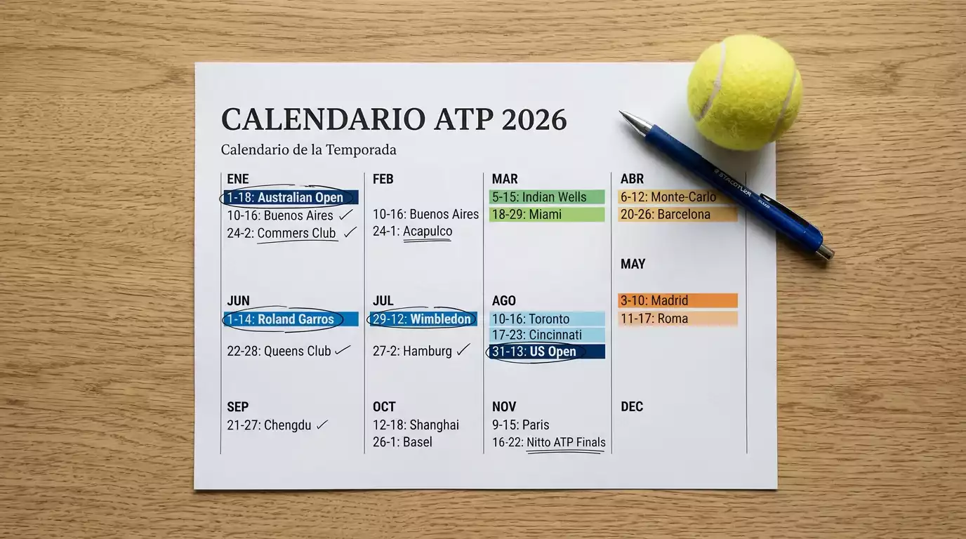 Calendario de la temporada ATP 2026 con torneos marcados por superficie y categoría